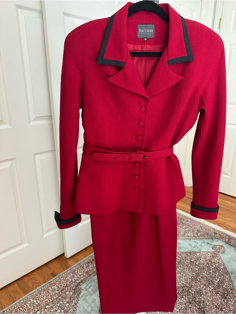 Vintage Kay Unger Red Wool-Belted Jacket suit a with dark gray trim